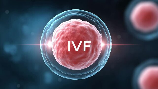 VF text floating in the center, with a laboratory embryo microscope background. Technology for people with infertility.