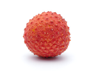 Studio shot of a single ripe lychee fruit with a textured red skin, isolated on a pristine white background, showcasing its unique vibrant color and fresh appearance. 