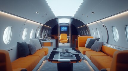 Naklejka premium Luxury travel redefined with a stunning interior design. This private jet showcases elegance and comfort. A perfect space for relaxation and productivity. Generative AI