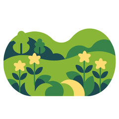 Fototapeta premium Cartoon Landscape with Flowers-Green Hills and Trees-Whimsical Nature Illustration-Playful Outdoor Scene-Cheerful Floral Meadow Art-Bright Color Palette