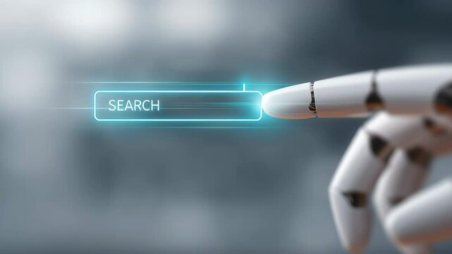 robot fingertip tapping on a search bar box, blue straight light beams radiating outwards