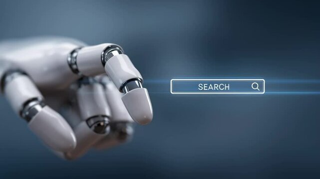 robot fingertip tapping on a search bar box, blue straight light beams radiating outwards