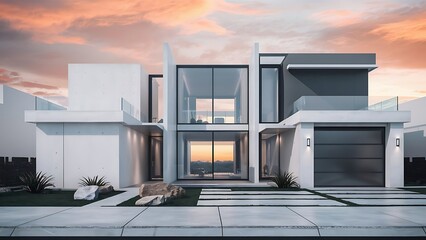 Modern Architecture: A Stunning Two-Story House with Panoramic Glass Windows and a Serene Sunset