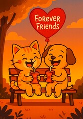 Forever Friends – Cute Cat and Dog Illustration