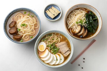 Overhead shot of three bowls of delicious ramen
