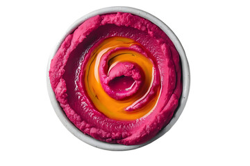 Overhead shot of vibrant beetroot hummus with swirl of olive oil in a bowl