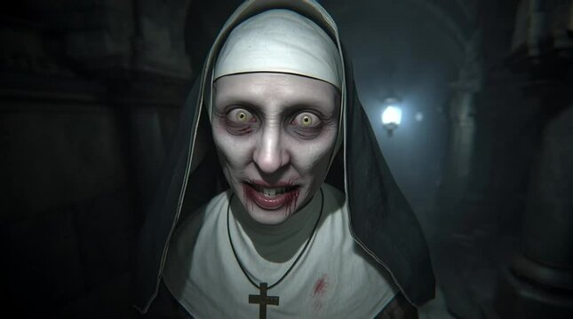 Horror video game. A zombie nun as a computer game character. Evil. Scary, creepy scene demonstrating mimes of a demonic creature. Haunt