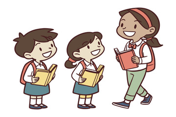 Three diverse cartoon children with backpacks and books smiling and ready for a day of learning and adventure together
