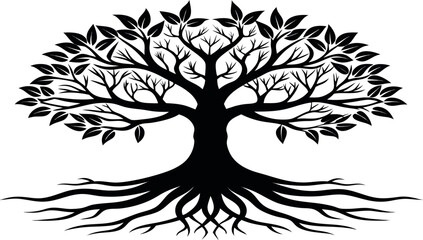 Obraz premium Vector art of a silhouette of a tree with extensive roots and leaves, isolated on white background