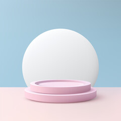 pink podium mockup with white circle and blue background for product display and showroom scene in pastel minimal style