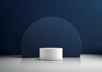 white cylindrical podium on blue background with semicircle arch for luxury product display, modern 3d mockup, minimal showroom design, clean presentation stage template