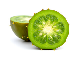 Vibrant cross-section of a halved kiwano melon, showcasing its green pulp, seeds, and spiky exterior on a clean white background, ideal for food and health product advertising.