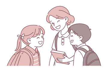 A teacher enthusiastically reads a book to two happy students carrying backpacks in a friendly educational setting