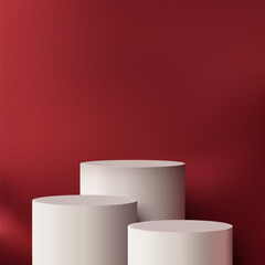 white podium mockup display on red background 3d minimalist scene with cylindrical pedestal for product presentation luxury branding showcase template