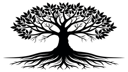Vector art of a silhouette of a tree with prominent roots and leaves, isolated on white background