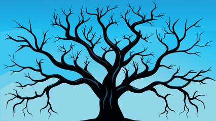 Vector art of a silhouette of a bare tree against a blue sky, isolated on white background