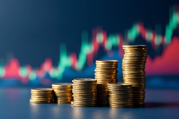 Ascending stacks of gold coins on blue surface with blurred financial chart background representing growth