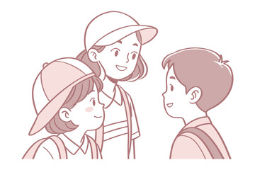 Three smiling children wearing hats and backpacks engage in a happy conversation suggesting friendship and outdoor activities