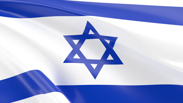 Realistic waving flag of Israel with Star of David. National symbol on white background with blue stripes. 3D rendering for patriotic, political or cultural themes.