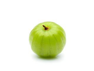 Single vibrant green amla fruit, also known as Indian gooseberry, showcasing its fresh, healthy appearance and distinctive ribbed texture against a clean white background.
