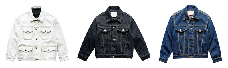 Set of three denim jackets in white black and blue isolated on transparent background for fashion display