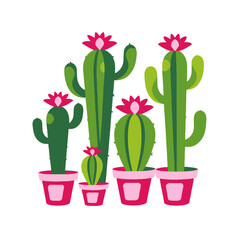 Cute Potted Cactus Collection with Pink Flowers- Desert Plant Art- Southwestern Decor- Botanical Illustration- Modern Minimalist Cacti Design