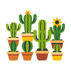 Cute Potted Cactus Collection-Desert Plant Vector Illustration-Succulent Garden Clipart-Botanical Art Print-Green Cactus in Pots-Houseplant Decor-Trendy Home Decor