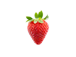 A single, perfectly ripe red strawberry with vibrant green leaves, isolated on a clean white background, showcasing its texture and freshness, ideal for food photography and healthy eating concepts.