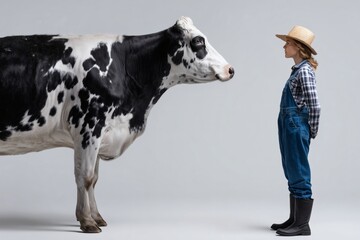 Farmer facing cow, Woman in overalls, Livestock care concept