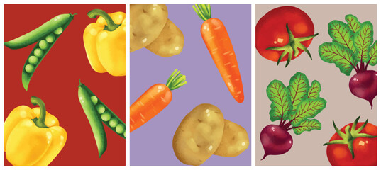 Watercolor vegetable panels with bold backgrounds. Perfect for food packaging, healthy menu design, kitchen wall art, organic branding, and farm-to-table product labels.