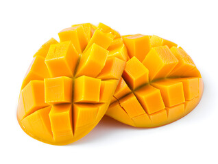 Two halves of a ripe mango fruit sliced into cubes, presented on a clean white background, showcasing the vibrant yellow color and geometric pattern of the cut fruit.