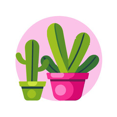 Two Cute Cacti in Colorful Pots on Pink Background-Whimsical Desert Plants Illustration-Ideal for Home Decor or Botanical Themed Designs-Add a Touch of Southwest Charm