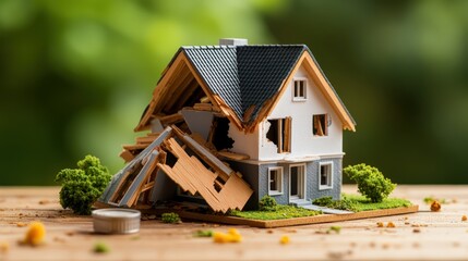Detailed miniature house model showing damage from natural disaster with broken roof and collapsed walls