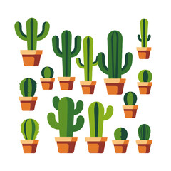 Variety of Potted Cacti Illustration-Collection of Green Cactus Plants in Terracotta Pots-Desert Plant Vector Graphic-Botanical Succulents for Home Decor-Cactus Lover Gift