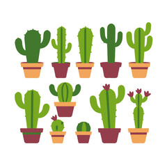 Variety of Potted Cactus Plants Illustration - Cute Desert Plants in Colorful Pots - Indoor Succulent Garden Decor - Home Gardening Ideas - Cactus with Flowers