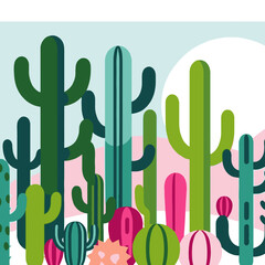 Vibrant Cactus Garden Illustration- Colorful Desert Plant Scene- Southwest Inspired Art- Graphic Cacti with Pink Accents- Modern Desert Landscape Design- Artistic Cactus Print