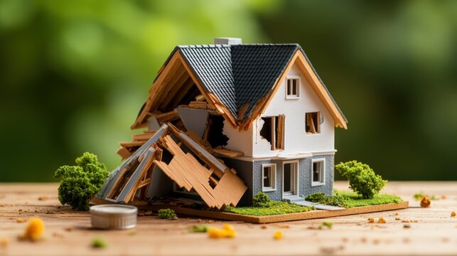 Detailed miniature house model showing damage from natural disaster with broken roof and collapsed walls