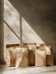 Five brown paper bags in sunlight with shadow play.