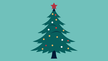 Vector art of a christmas tree decorated with colorful ornaments and a red star stands against a light blue background