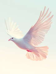 Fototapeta premium Graceful white dove soaring softly with pastel sky backdrop