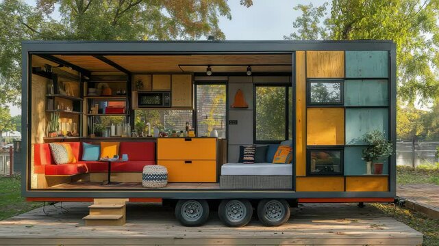 A a colorful tiny house on wheels with an open side revealing the interior living space and furniture a