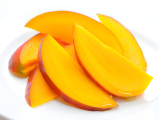 Vibrant slices of ripe mango arranged artfully on a pristine white plate, showcasing their juicy texture and inviting color on a bright white background.
