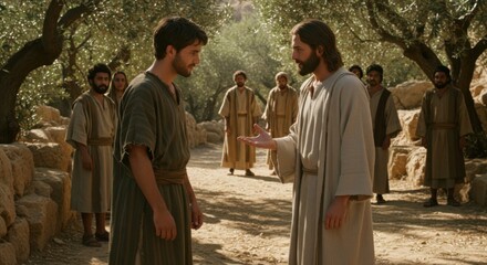 Jesus christ and his male disciple talk on a dusty path among olive trees. Biblical scene, Christian concept for religious literature.