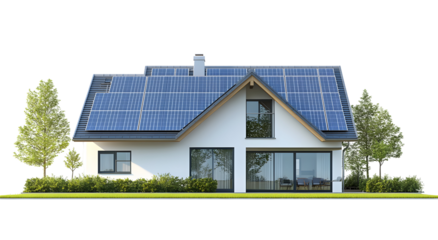 Modern eco-friendly house with solar panels on roof, showcasing sustainable living