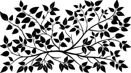 Vector art of a silhouette of a tree branch with many leaves, isolated on white background