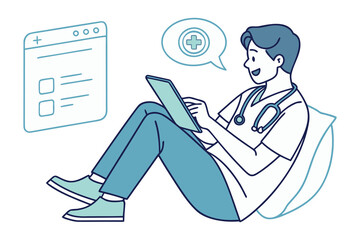 A doctor wearing scrubs and a stethoscope uses a tablet while sitting on a pillow with a medical interface and speech bubble