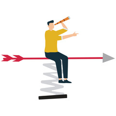 Businessman Jumping Forward on Red Arrow with Spring Boost