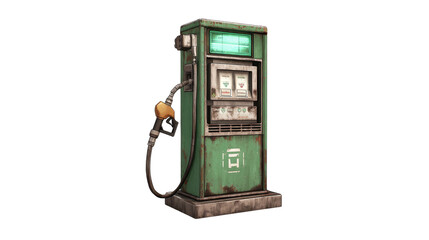 Old rusted green gas pump with a yellow nozzle isolated on transparent background.