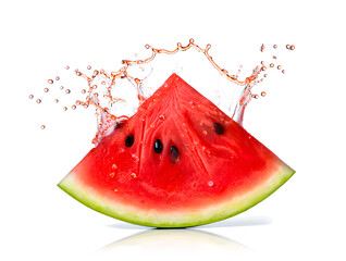 Vibrant wedge of watermelon bursts with refreshing juice, isolated against a crisp white backdrop, showcasing its juicy red flesh and black seeds for a summer treat.