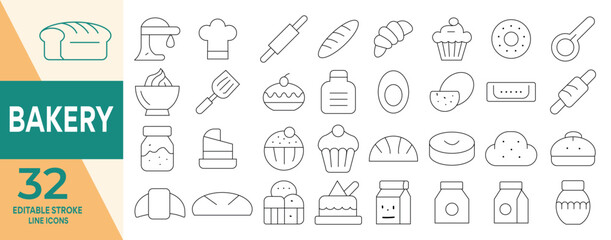 bakery icon set.  Editable stroke line bakery products, cake, cookie, ice cream, chocolate, pastry and and more. Editable line icons. Vector illustration.